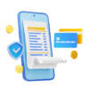Online payment security concept, 3d phone and bill Online payment security concept with mobile phone, bank cards, bill, gold coins and shield with check mark. Safe financial transfer with smartphone, credit cards and receipt, 3d render illustration
